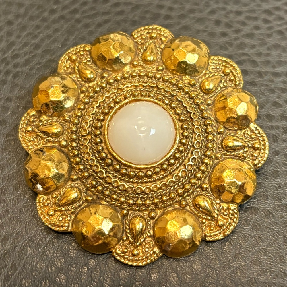 Vintage Signed CHANEL Huge Hammered Textured Medallion Gold Tone Brooch 80s